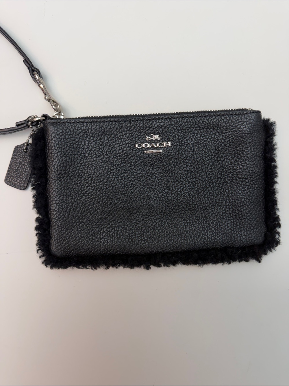 Coach Black Pebbled Leather Wristlet With Black Shearling Trim